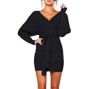 Zonsaoja Women's Long Sleeve Backless Wrap Knitted Mini Dresses Black XL, Size:
